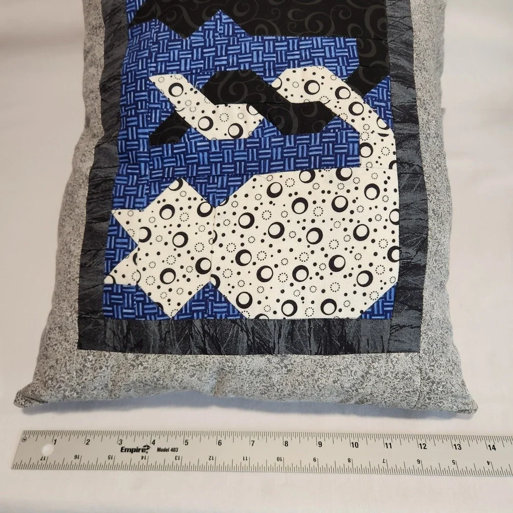 Set of 2 Handmade Quilted‎ Cat Pillows 17x14 Black Blue White Intertwined Tails